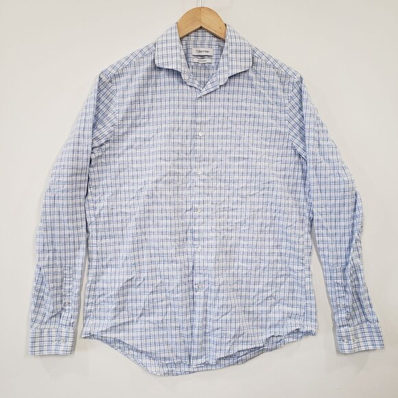 Calvin Klein Slim Fit Stretch Blue Checkered Button Down Mens Dress Shirt Size L - Picture 1 of 7